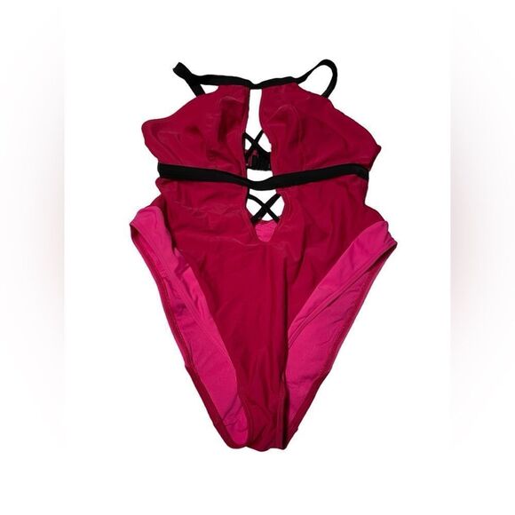 Curvy Kate logo DD/DDD Subtropic Non Wired Plunge Swimsuit Cherry Red/Pink - Picture 4 of 4